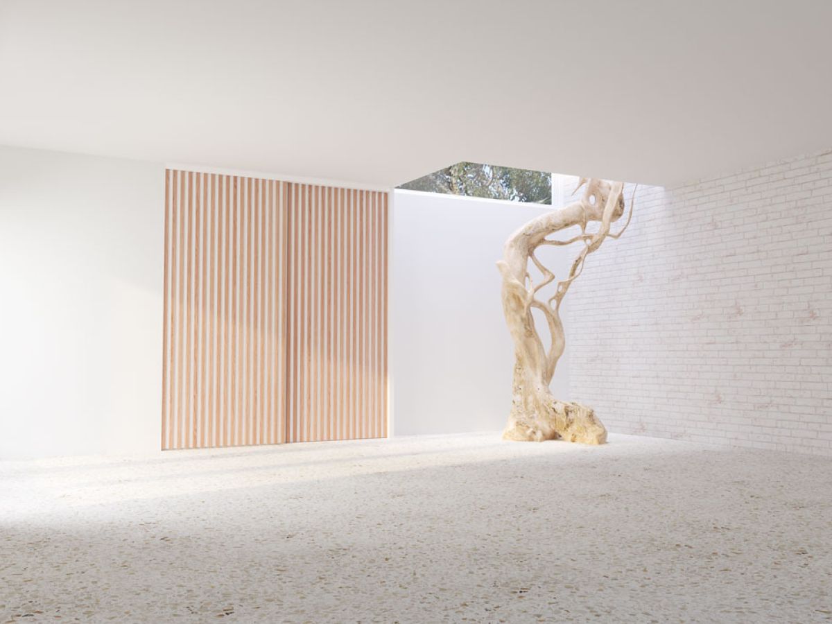 Image 3D réaliste d'une pièce blanche avec un arbre mort et porte en claire-voie.