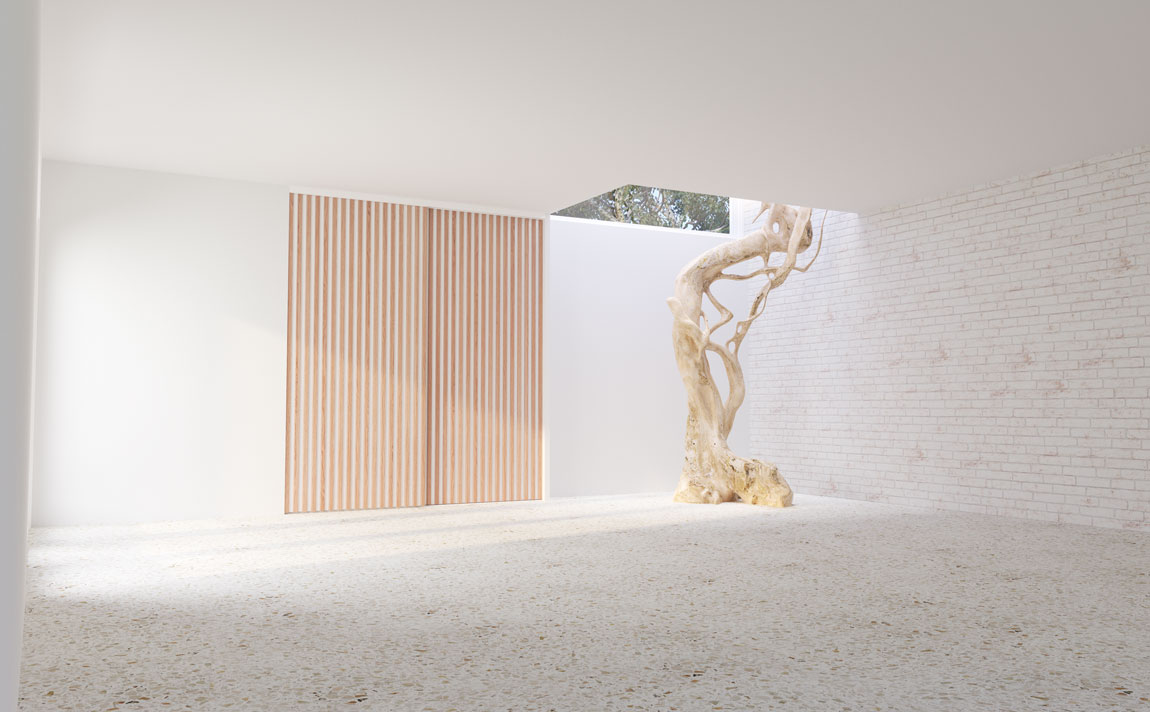 Image 3D réaliste d'une pièce blanche avec un arbre mort et porte en claire-voie.