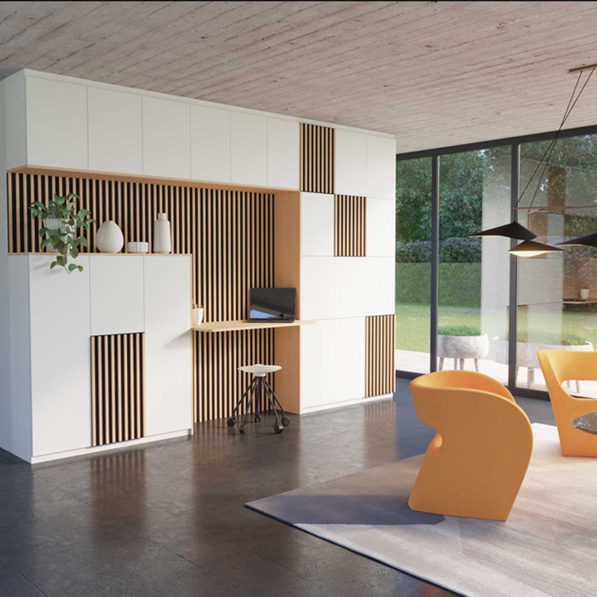 Image 3D réaliste d'un salon avec bibliothèque bureau blanche et fauteuils oranges.