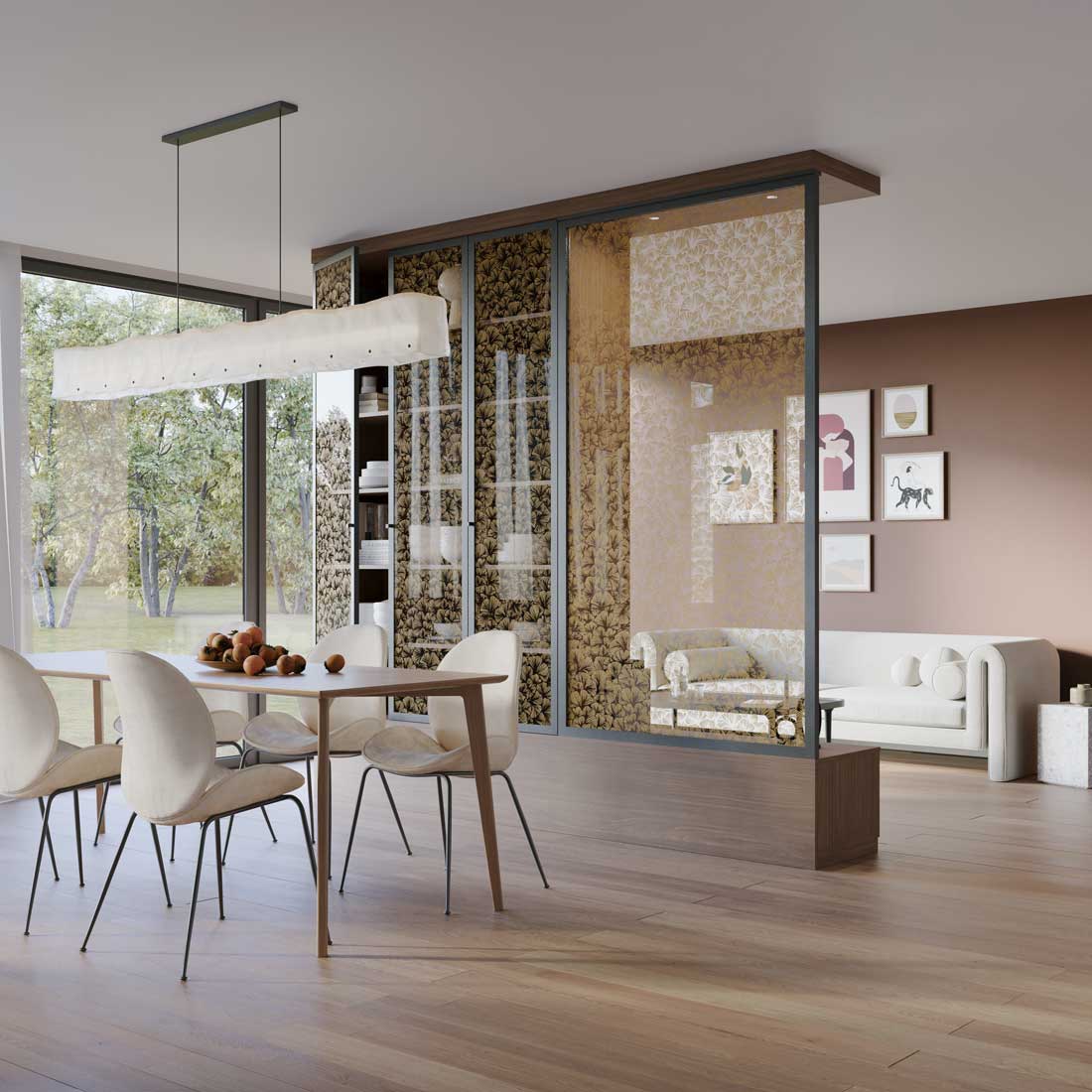 Image 3D réaliste d'une salle à manger avec bibliothèque et cloison vitrée donnant sur le salon.