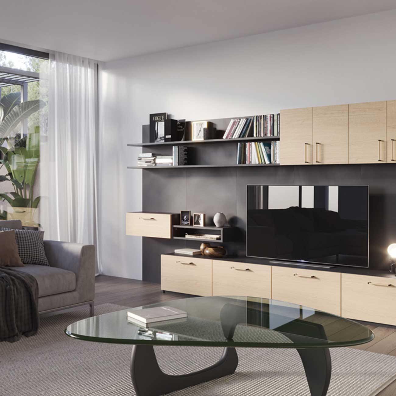 Image 3D réaliste d'un salon avec meuble télé.